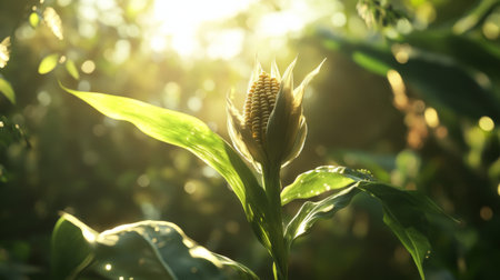 A close-up of a single corn cob still attached to the stalk, surrounded by green leaves and soft sunlight, symbolizing the growth and abundance of a cornfieldの素材