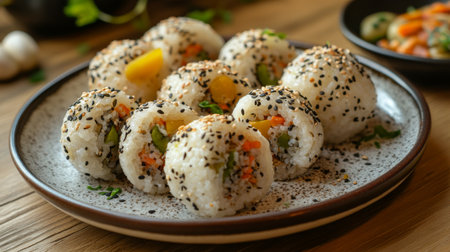 A beautifully arranged plate of rice balls with a variety of fillings, garnished with pickles and sesame seeds, set on a rustic wooden tableの素材