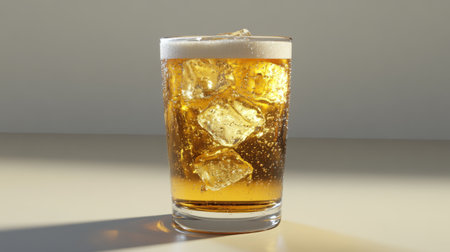 A close-up of a frosty beer glass with ice, the golden liquid glistening in the light, with condensation on the glass and a soft background for a crisp, refreshing lookの素材