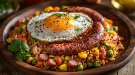 A close-up of American fried rice with pieces of sausage, vegetables, and a fried egg on top, served on a rustic wooden plate with a simple side garnishの素材