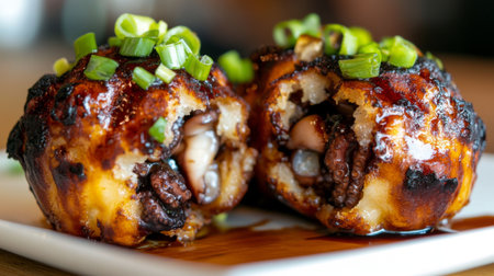 A close-up of a single takoyaki ball with its crispy exterior cracked open, revealing the octopus filling inside, garnished with green onionsの素材