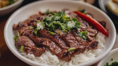 A close-up of rice topped with tender, marinated beef, served in a bowl with a rich brown sauce, garnished with herbs and a few slices of chili on the sideの素材