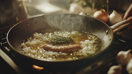 A close-up of a sizzling sausage in a frying pan with oil and herbs, surrounded by fresh ingredients like onions and garlic, with warm kitchen lightingの素材
