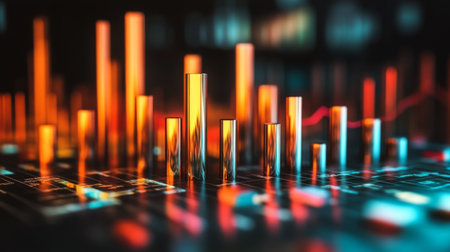 A close-up of a D bar graph with colorful, metallic bars rising against a dark background, showcasing data analysis and market performanceの素材