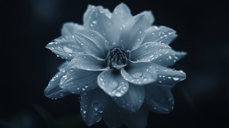 A close-up of a delicate flower with water droplets on its petals, placed on a dark background, with each droplet reflecting the surrounding lightの素材