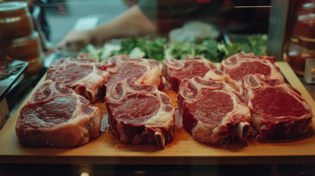 A close-up of raw lamb chops with bone, laid out on a butcher's board, the fresh pink and red meat gleaming under soft lightingの素材