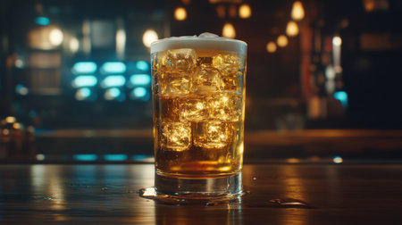 A cold glass of beer filled with ice cubes, condensation dripping down the sides, placed on a wooden surface with soft lighting highlighting the refreshing lookの素材