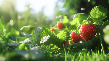 A detailed close-up of ripe strawberries ready for harvest, sitting on vibrant green plants in a sunlit field, with soft shadows adding depth to the imageの素材