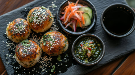 A collection of takoyaki served on a slate plate with dipping sauce and garnishes like sesame seeds and pickled vegetablesの素材