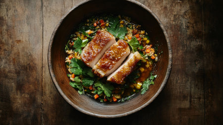 A dish of crispy pork belly, the golden edges highlighted, topped with a drizzle of fish sauce and surrounded by fresh herbs, resting on a wooden surfaceの素材