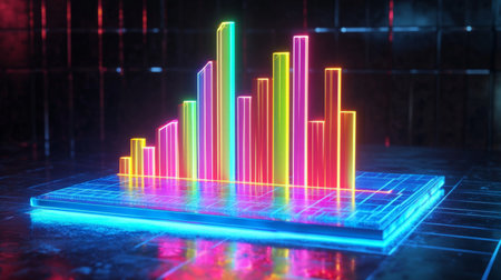 A futuristic D bar graph with colorful, glowing bars rising on a digital screen, showcasing financial growth and performance over timeの素材