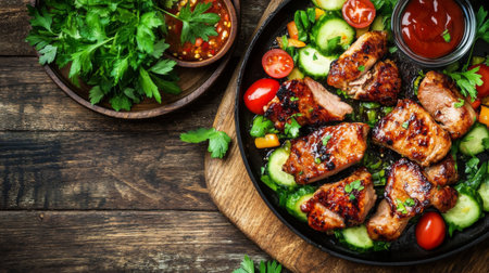 A hotplate with pieces of marinated pork sizzling, accompanied by a side of fresh vegetables and sauces, on a wooden table under soft lightingの素材