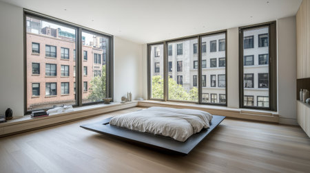 A minimalist bedroom with a low-profile bed and sparse decor, clean white walls, and natural light streaming in from large windows, creating a peaceful atmosphereの素材
