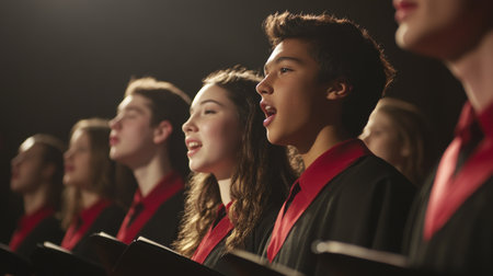 A group of singers in a choir performance, positioned in perfect rows, with their faces focused and the harmony of their voices depicted through soft lightingの素材