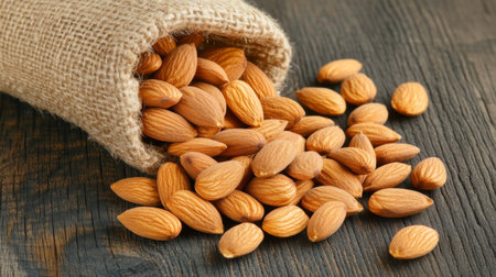 A group of raw almonds spilling out from a burlap sack, with some scattered on a wooden surface, captured in natural light for a warm, earthy feelの素材