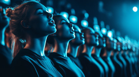 A group of singers in a choir performance, positioned in perfect rows, with their faces focused and the harmony of their voices depicted through soft lightingの素材