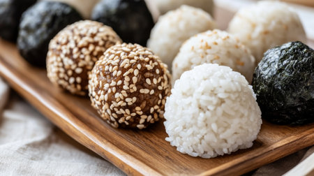 A neat arrangement of rice balls on a wooden plate, some wrapped with nori and others sprinkled with sesame seeds, against a neutral backgroundの素材