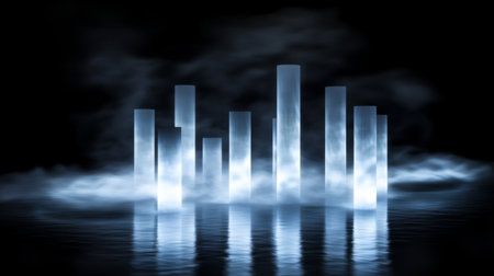A futuristic, D financial bar graph with tall, glowing bars, highlighting the rise of stock values in a digital space filled with soft reflectionsの素材