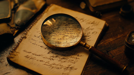 A magnifying glass on a notebook, magnifying a handwritten note or doodle, creating an artistic contrast between the focused and blurred areasの素材