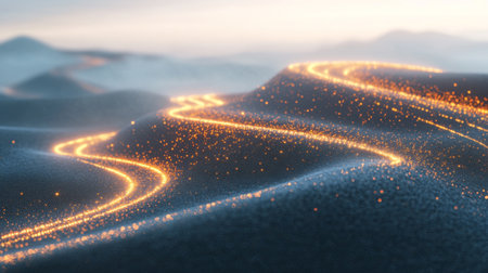 A futuristic depiction of light particles racing through an abstract digital world, with glowing trails and a high-tech grid structure symbolizing light's speedの素材