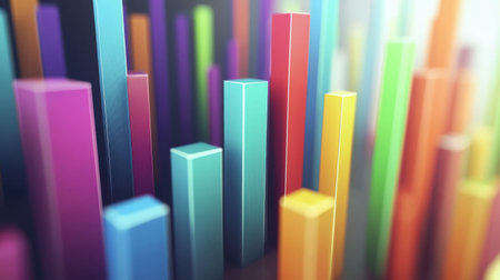 A high-tech D bar graph with sharp, colorful bars representing market performance, with soft lighting and digital effects highlighting the upward trendの素材
