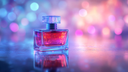A perfume bottle with a vibrant, colorful design, displayed against a soft blurred background with shimmering light reflecting off its surfaceの素材