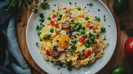 A plate of American fried rice with sausage, scrambled eggs, and peas, garnished with fresh herbs, on a rustic wooden table with soft lightingの素材