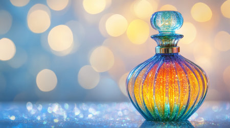 A perfume bottle with a vibrant, colorful design, displayed against a soft blurred background with shimmering light reflecting off its surfaceの素材