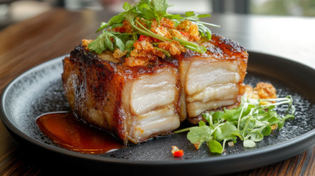 A perfectly fried pork belly with a crispy texture and golden color, served with a drizzle of fish sauce on top, placed on a black plate with a minimalist backgroundの素材