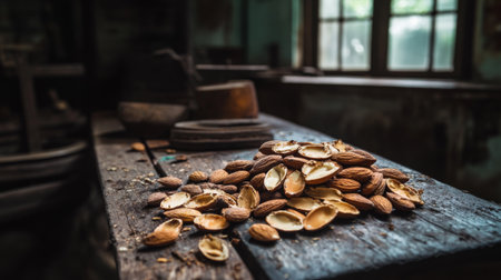 A pile of roasted almonds in their shells, arranged neatly on a rustic wooden table, with a few broken open, revealing the nut insideの素材