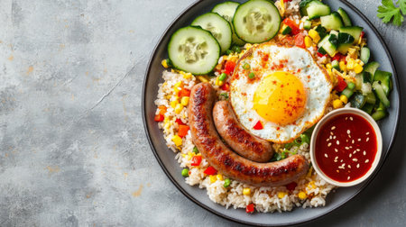 A plate of American fried rice with crispy fried egg, sausages, and vegetables, with a side of chili sauce and cucumber slices, set on a neutral backgroundの素材