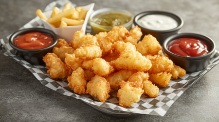 A plate of crispy French fries served with a variety of dipping sauces, set on a checkered paper and reflecting the classic side dish in American cuisineの素材