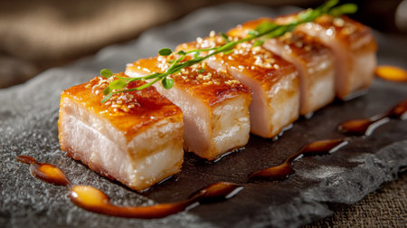 A plate of golden, crispy pork belly, glistening with fish sauce, placed on a stone surface with a slight drizzle of sauce around the edges, accented by soft lightingの素材