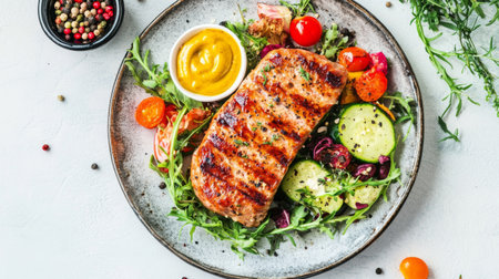 A plate of sausages served with mustard and fresh vegetables on the side, arranged elegantly with soft natural light highlighting the textures and colorsの素材