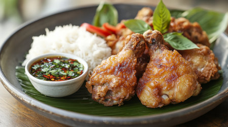 A plate of perfectly fried chicken with a crisp exterior, served with aromatic rice, fresh herbs, and a small bowl of dipping sauce, all set on a simple plateの素材