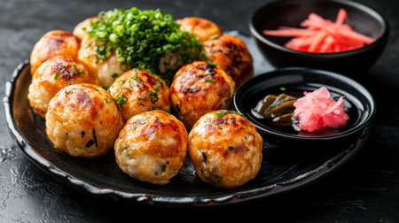 A platter of takoyaki balls with a golden-brown crust, served on a dark plate with a side of pickled ginger and dipping sauceの素材