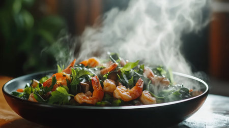 A plate of Thai Tom Yum soup, filled with shrimp, mushrooms, and fresh herbs, steaming in a bowl, capturing the vibrant colors and aromatic appeal of the dishの素材