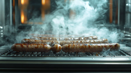 A row of sausages on a grill with smoke rising from the heat, creating a delicious and savory atmosphere with a background of natural outdoor lightingの素材