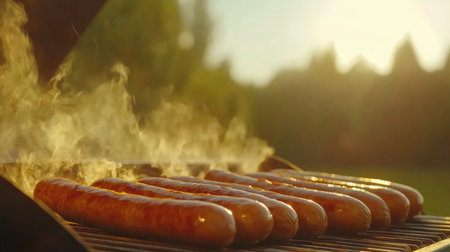 A row of sausages on a grill with smoke rising from the heat, creating a delicious and savory atmosphere with a background of natural outdoor lightingの素材