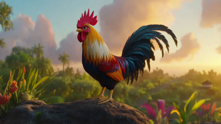 A proud rooster with vibrant feathers and a bright comb, standing on a rock in a peaceful farm setting, captured in the soft light of dawnの素材