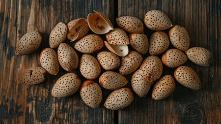 A pile of roasted almonds in their shells, arranged neatly on a rustic wooden table, with a few broken open, revealing the nut insideの素材