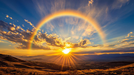 A panoramic view of the sun surrounded by a gentle halo, casting a rainbow-like glow around it as it rises over a distant landscape with soft cloudsの素材