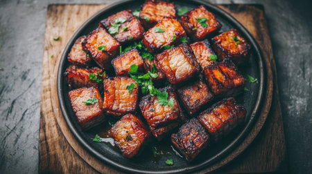 A plate of fried pork belly, crispy and golden, drizzled with fish sauce, with a light garnish of herbs, set on a wooden surface with subtle ambient light highlighting the textureの素材