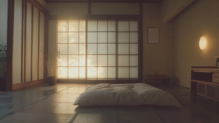 A serene Japanese-style bedroom with a tatami mat floor, futon bed, and minimal wooden furniture, bathed in soft natural light through shoji screensの素材