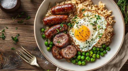 A plate of American fried rice with sausage, scrambled eggs, and peas, garnished with fresh herbs, on a rustic wooden table with soft lightingの素材