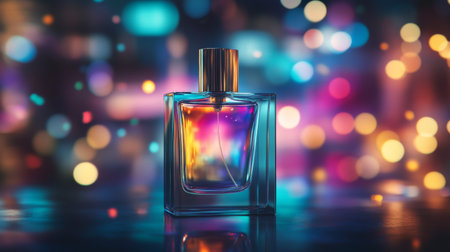 A perfume bottle with a vibrant, colorful design, displayed against a soft blurred background with shimmering light reflecting off its surfaceの素材