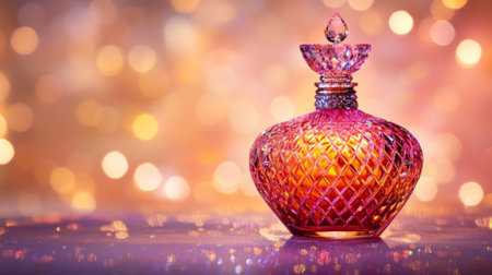 A perfume bottle with a vibrant, colorful design, displayed against a soft blurred background with shimmering light reflecting off its surfaceの素材
