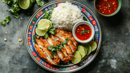 A plate of crispy fried chicken, served with aromatic jasmine rice, and accompanied by a dipping sauce, placed on a traditional Thai-style dish with vibrant colorsの素材
