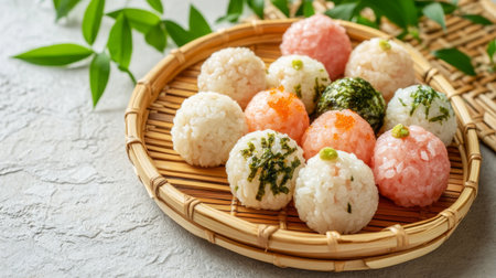 A plate of rice balls with different fillings such as umeboshi, tuna, and salmon, placed on a bamboo tray with a clean, neutral backgroundの素材