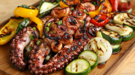 A platter of grilled octopus tentacles surrounded by grilled peppers, onions, and zucchini, showcasing a colorful and delicious mealの素材